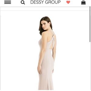 NEW Dessy Collection 4527 Criss Cross Twist Back Trumpet Gown, French Truffle
